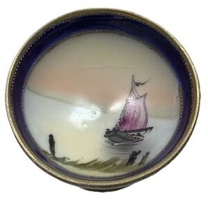 1 Nippon Hand‎ Painted Scenic Boat Open Salt Cellar Japan